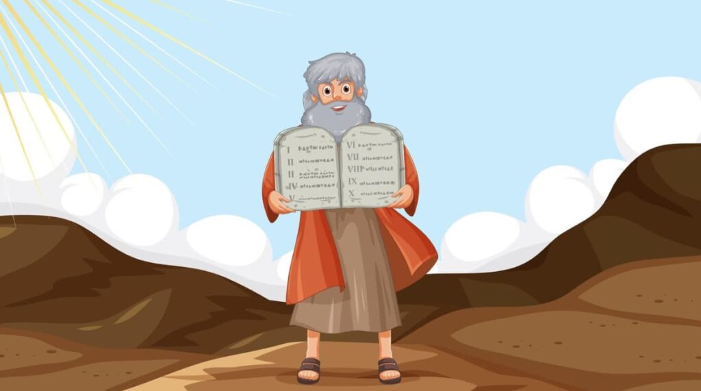 Un hombre caricatura sostiene tablas de piedra con mandamientos